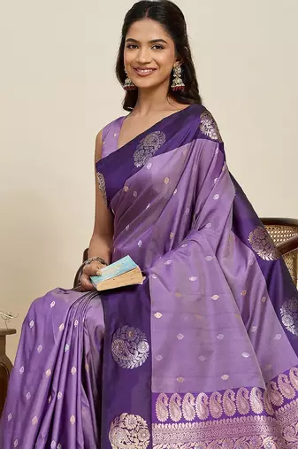 violet art silk woven kanjivaram silk saree with blouses