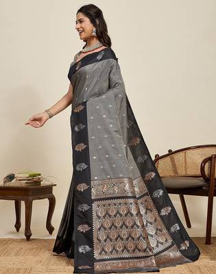 black art silk woven kanjivaram silk saree with blouses 2