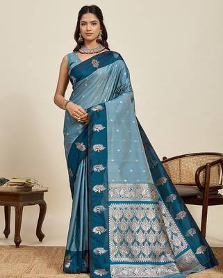 blue art silk woven kanjivaram silk saree with blouses 1