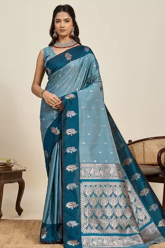 blue art silk woven kanjivaram silk saree with blouses