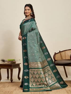 green art silk woven kanjivaram silk saree with blouses 2