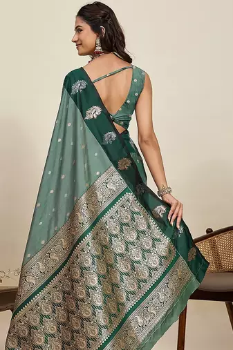 green art silk woven kanjivaram silk saree with blouses