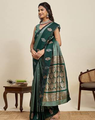 green art silk woven kanjivaram silk saree with blouses 4