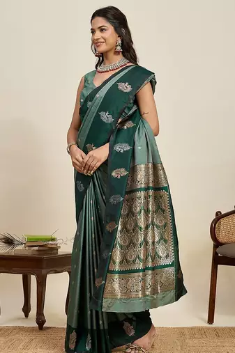 green art silk woven kanjivaram silk saree with blouses