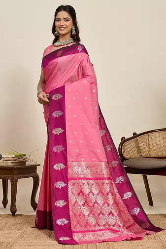 pink art silk woven kanjivaram silk saree with blouses