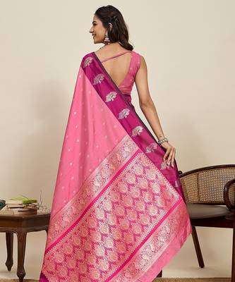 pink art silk woven kanjivaram silk saree with blouses 3
