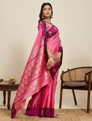 pink art silk woven kanjivaram silk saree with blouses 4