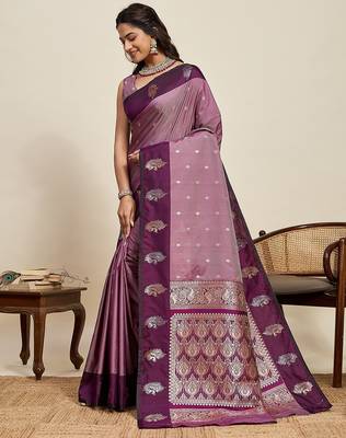 purple art silk woven kanjivaram silk saree with blouses 2