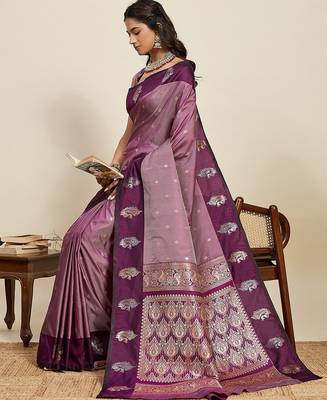 purple art silk woven kanjivaram silk saree with blouses 4