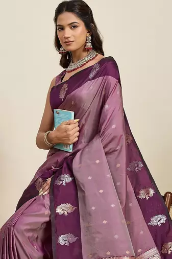 purple art silk woven kanjivaram silk saree with blouses