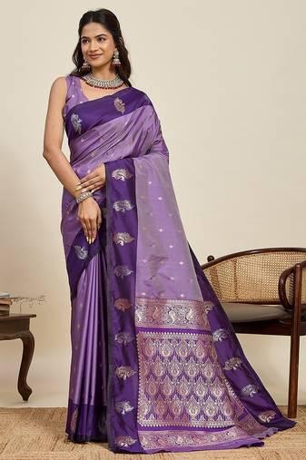 violet art silk woven kanjivaram silk saree with blouses