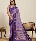 violet art silk woven kanjivaram silk saree with blouses