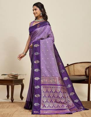 violet art silk woven kanjivaram silk saree with blouses 2