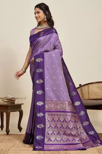 violet art silk woven kanjivaram silk saree with blouses