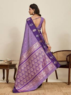violet art silk woven kanjivaram silk saree with blouses 3