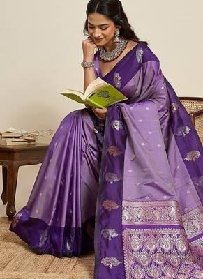 violet art silk woven kanjivaram silk saree with blouses 4