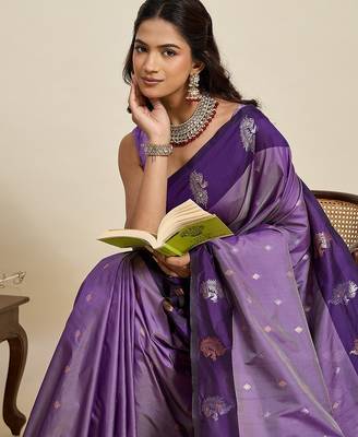 violet art silk woven kanjivaram silk saree with blouses 5