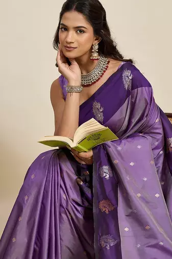 violet art silk woven kanjivaram silk saree with blouses