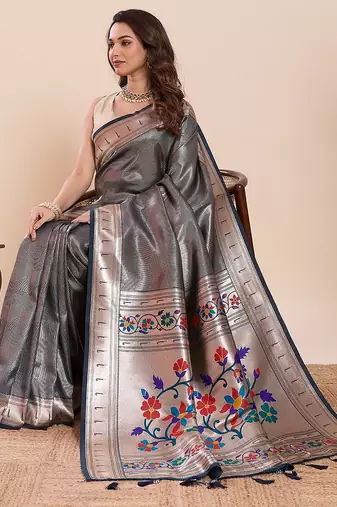 blue art silk woven kanjivaram silk saree with blouses