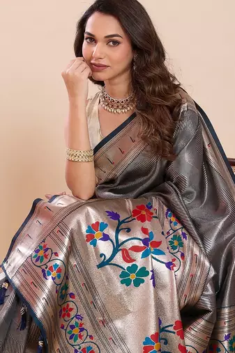 blue art silk woven kanjivaram silk saree with blouses