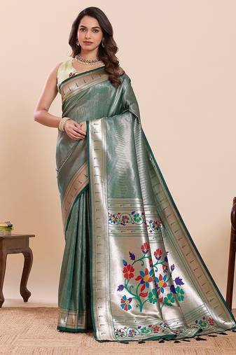 green art silk woven kanjivaram silk saree with blouses