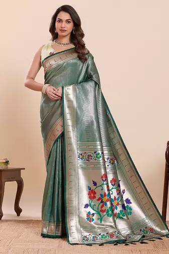 green art silk woven kanjivaram silk saree with blouses