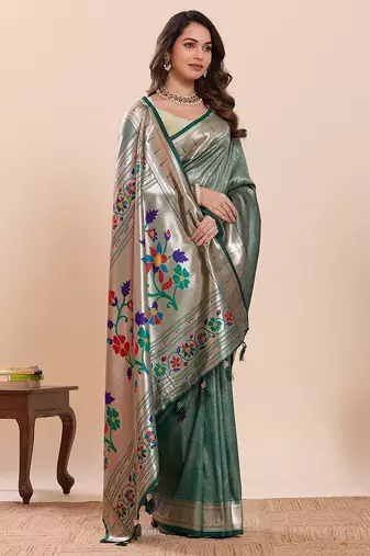 green art silk woven kanjivaram silk saree with blouses