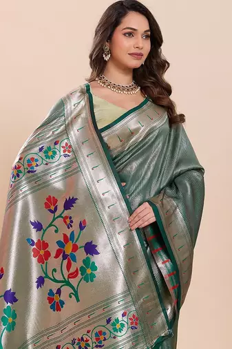 green art silk woven kanjivaram silk saree with blouses