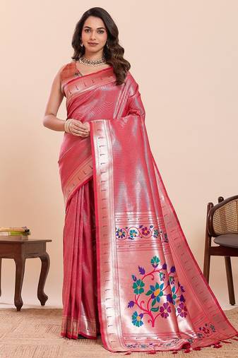 pink art silk woven kanjivaram silk saree with blouses