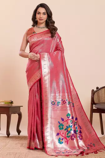 pink art silk woven kanjivaram silk saree with blouses