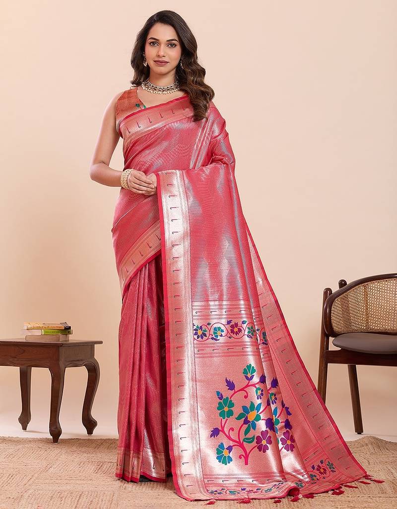 pink art silk woven kanjivaram silk saree with blouses