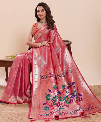 pink art silk woven kanjivaram silk saree with blouses 4