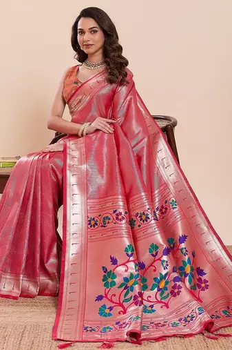 pink art silk woven kanjivaram silk saree with blouses