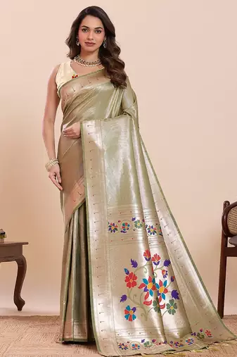 green art silk woven kanjivaram silk saree with blouses