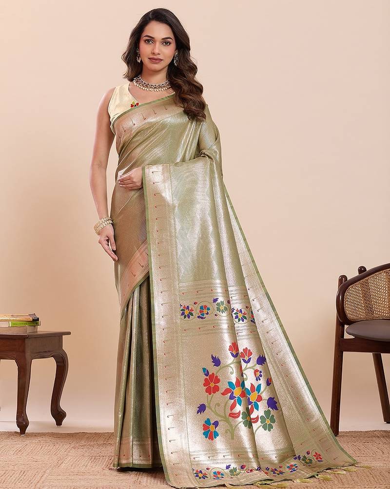 green art silk woven kanjivaram silk saree with blouses