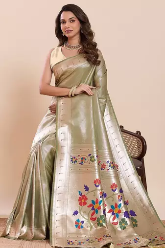 green art silk woven kanjivaram silk saree with blouses