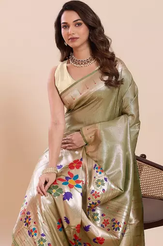 green art silk woven kanjivaram silk saree with blouses