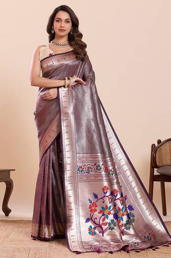 purple art silk woven kanjivaram silk saree with blouses