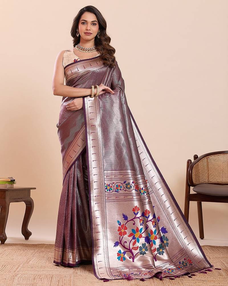 purple art silk woven kanjivaram silk saree with blouses