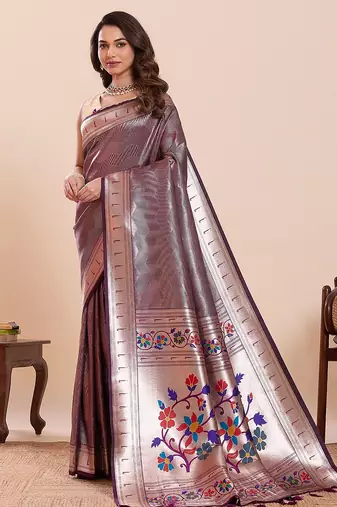 purple art silk woven kanjivaram silk saree with blouses