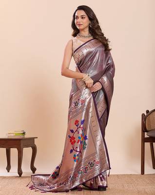 purple art silk woven kanjivaram silk saree with blouses 4