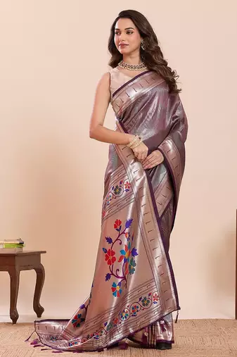purple art silk woven kanjivaram silk saree with blouses