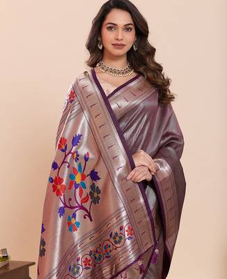 purple art silk woven kanjivaram silk saree with blouses 5