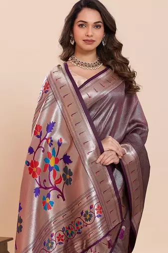 purple art silk woven kanjivaram silk saree with blouses