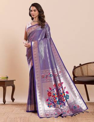 violet art silk woven kanjivaram silk saree with blouses 2