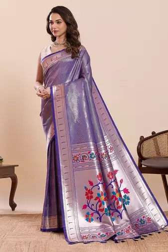 violet art silk woven kanjivaram silk saree with blouses