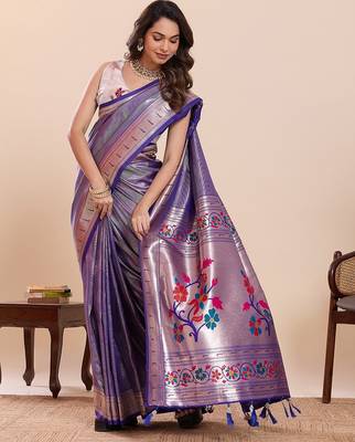 violet art silk woven kanjivaram silk saree with blouses 4