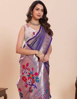 violet art silk woven kanjivaram silk saree with blouses 5