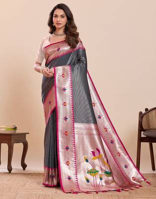 dark blue art silk woven kanjivaram silk saree with blouses 1