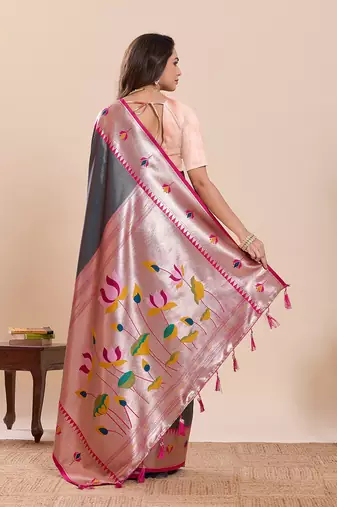 dark blue art silk woven kanjivaram silk saree with blouses